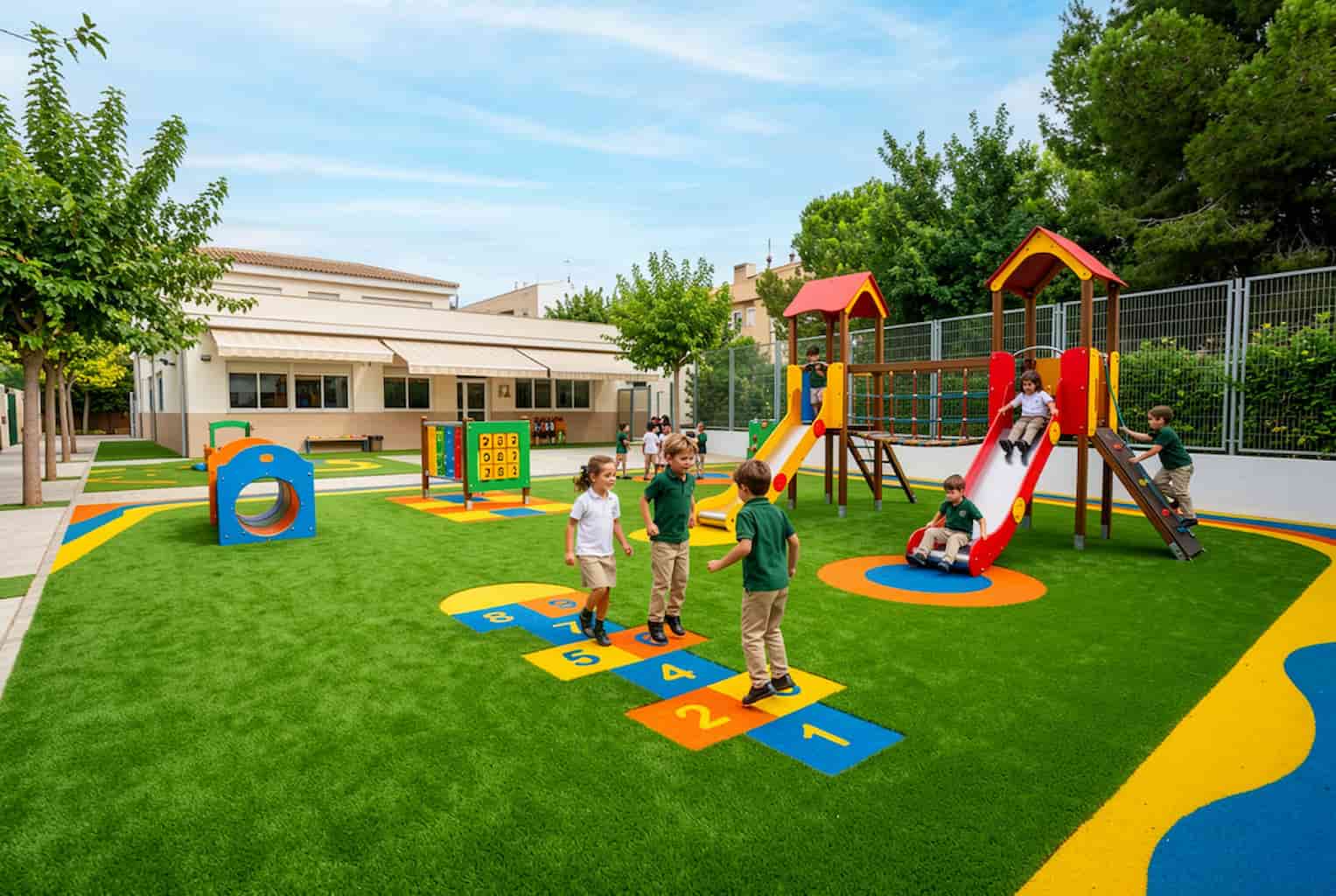 Césped artificial instalado en colegio infantil con juegos