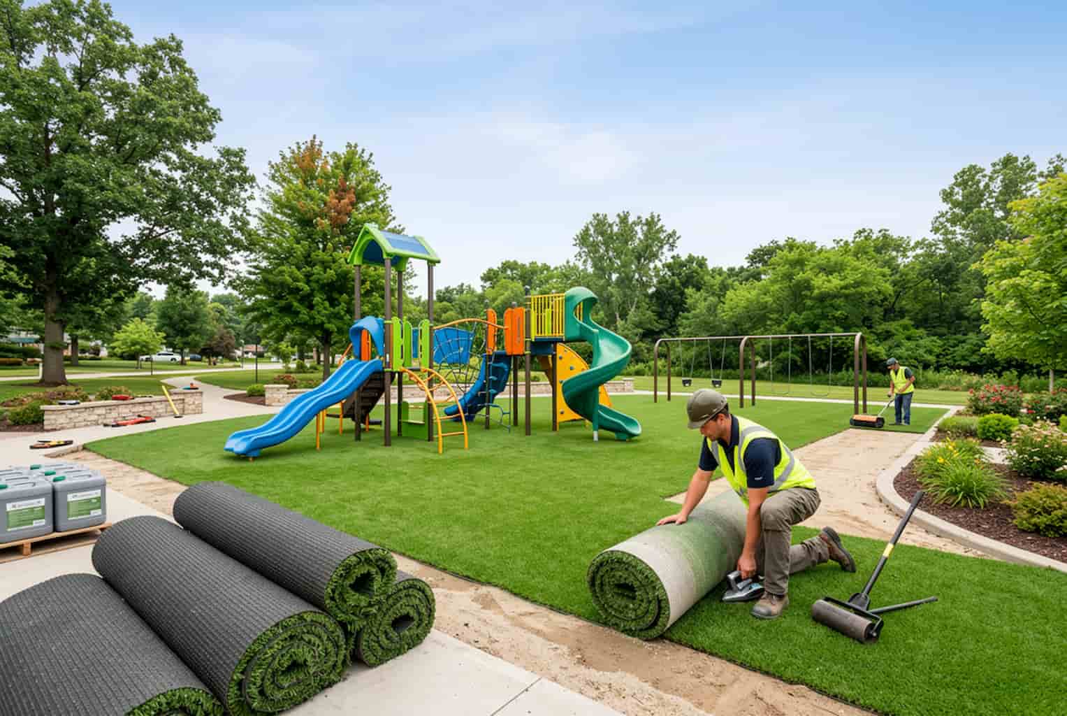 Instalación de césped artificial en parque infantil